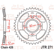 JT Sprockets rear sprocket JTR271.50 with 428 pitch, showing the metal sprocket with teeth for motorcycle chain drive.