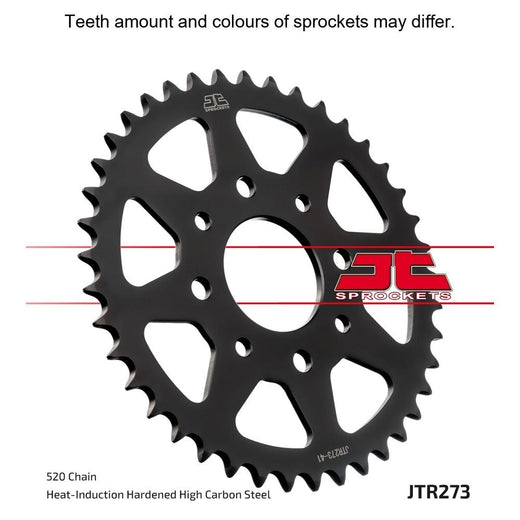 JT Sprockets rear sprocket JTR273.40 with 520 pitch, showing black metal construction and gear teeth for motorcycle drivetrain.
