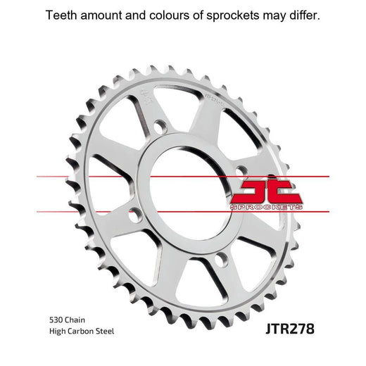 Rear JT Sprockets JTR278.38 sprocket with multiple teeth and metal construction, designed for motorcycle drivetrain performance.