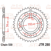 Rear JT Sprockets JTR280.33 sprocket with multiple teeth and metal construction for motorcycle drivetrain, shown in a close-up view.