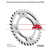 Rear JT Sprockets JTR282.34 motorcycle sprocket with black finish, featuring evenly spaced teeth for optimal chain engagement.