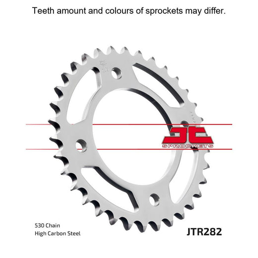 Rear JT Sprockets JTR282.36 sprocket with evenly spaced teeth and metallic finish for motorcycle drivetrain performance.