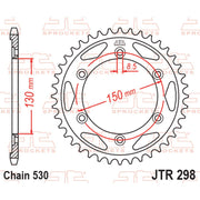 Rear sprocket from JT Sprockets, model JTR298.40, showing the metal sprocket with gear teeth and branding details.