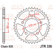 Rear sprocket from JT Sprockets, model JTR336.34, with evenly spaced teeth for motorcycle drivetrain performance.