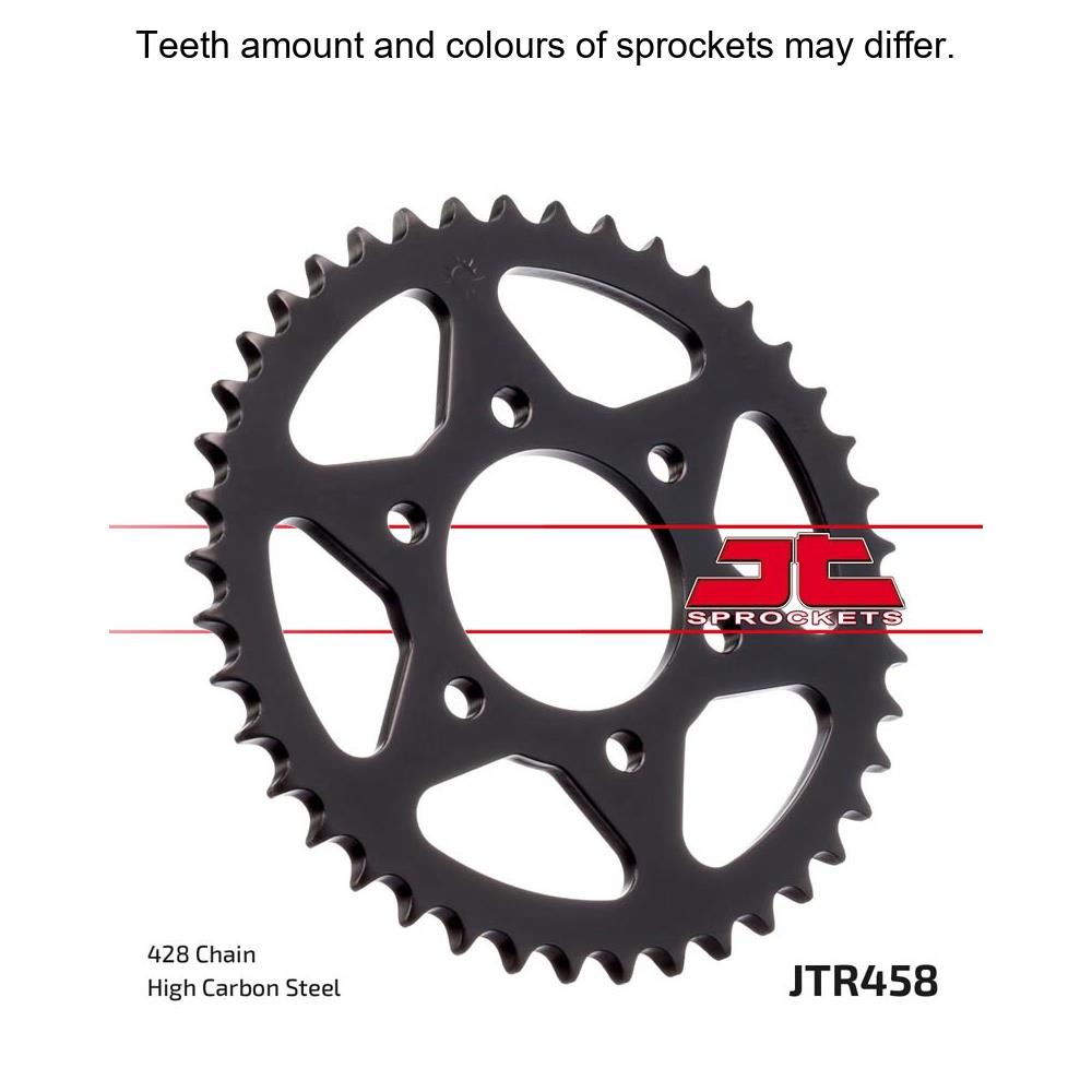 Rear sprocket from JT Sprockets, model JTR458.37, with metal teeth and black finish, designed for motorcycle drivetrain.
