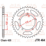 Rear sprocket by JT Sprockets, model JTR464.50, with metallic finish and gear teeth visible on the motorcycle sprocket.