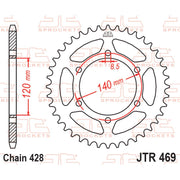 Rear sprocket from JT Sprockets JTR469.44 series, showing a close-up of the black metal sprocket with teeth designed for motorcycles.