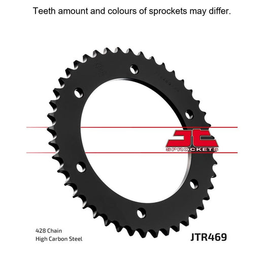 Rear JT Sprockets JTR469.53 motorcycle sprocket with evenly spaced teeth and durable metal construction, mounted on a wheel hub.