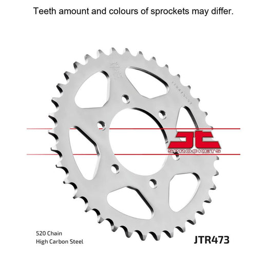 Rear sprocket for motorcycle by JT Sprockets, model JTR473.40, showcasing the metal sprocket with teeth and mounting holes.