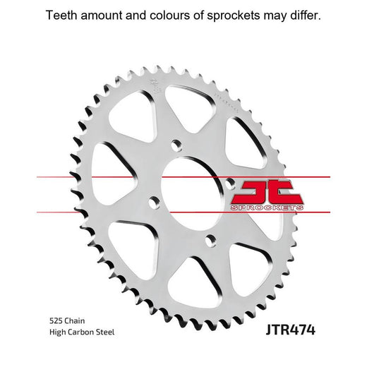 Rear sprocket from JT Sprockets, JTR474.48 model, featuring metallic gear teeth and mounting holes for motorcycle drivetrain.