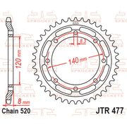 JT Sprockets rear sprocket JTR477.43, durable motorcycle sprocket with metal teeth and black finish, showcasing its detailed design.