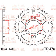 Rear sprocket by JT Sprockets, model JTR478.43, featuring durable metal teeth for motorcycle drivetrain performance.