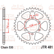 Rear sprocket by JT Sprockets, model JTR481.42, showing the black metal sprocket with teeth for motorcycle chain drive.