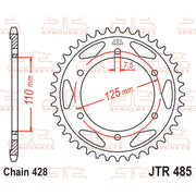 Rear sprocket by JT Sprockets, model JTR485.46, showing detailed metal teeth and black finish for motorcycle drivetrain.