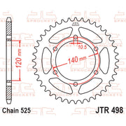 Rear sprocket by JT Sprockets, model JTR498.46, showing its metallic teeth and mounting holes for motorcycle drivetrain.