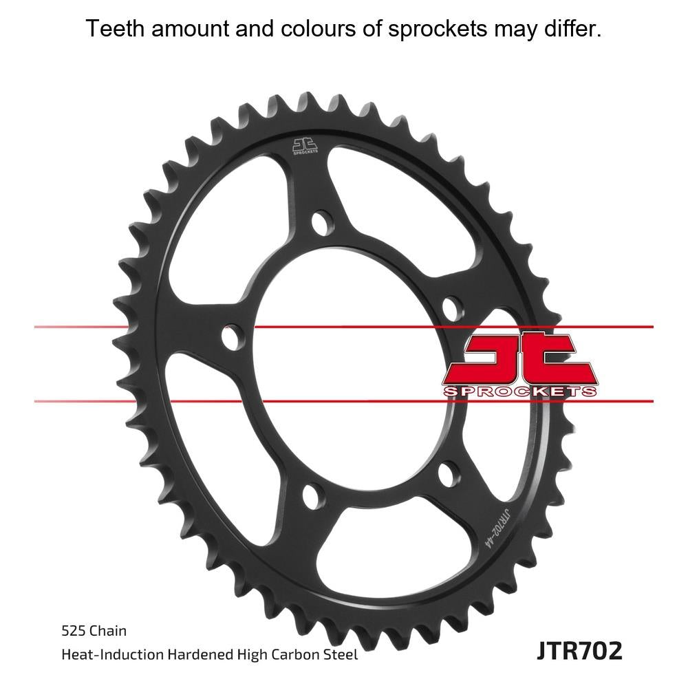 Rear sprocket by JT Sprockets, model JTR702.46, showing the black metal gear with evenly spaced teeth for motorcycle drive systems.