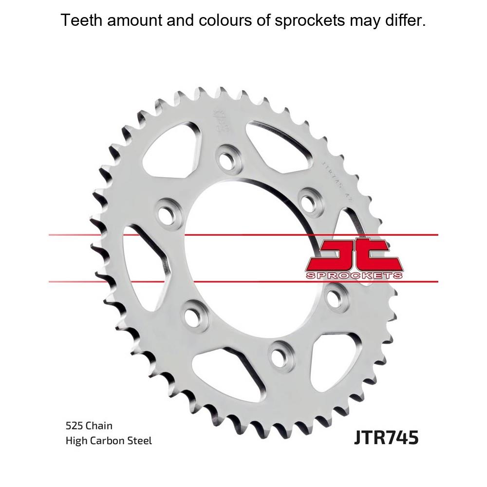 Rear JT Sprockets JTR745.37 sprocket with black finish and evenly spaced teeth for motorcycle drivetrain.