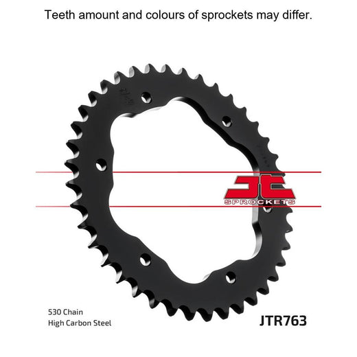 Rear JT Sprockets JTR763.40 sprocket with metal teeth and black finish for motorcycle drive systems.