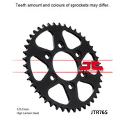 Rear JT Sprockets JTR765.43 by JT Sprockets, showing the black metal sprocket with evenly spaced teeth and detailed branding.