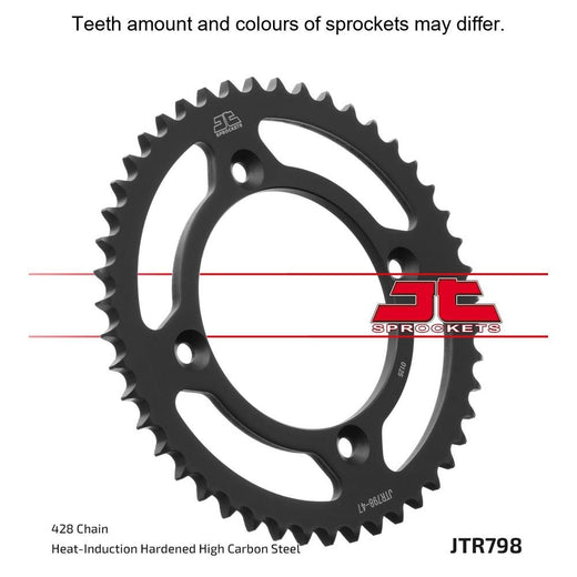 Rear JT Sprockets JTR798.47 for motorcycles, showing the black metal sprocket with gear teeth and mounting holes.