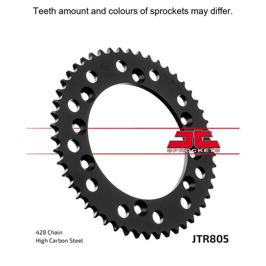 JT Sprockets rear sprocket JTR805.50 with 428 pitch, showing the black metal sprocket with gear teeth and branding details.