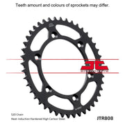 Rear sprocket by JT Sprockets, model JTR808.43, showing metallic teeth and black finish for motorcycle drive systems.