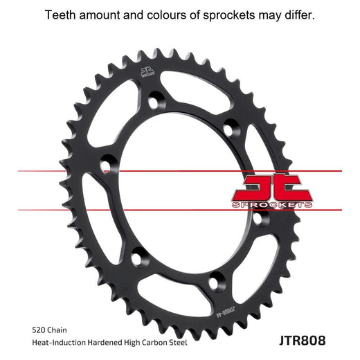 Rear sprocket by JT Sprockets, model JTR808.43, showing metallic teeth and black finish for motorcycle drive systems.