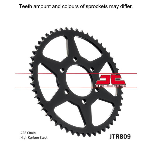 JT Sprockets rear sprocket JTR809.49 with 428 pitch, showing the metal sprocket with teeth for motorcycle or ATV drivetrain.