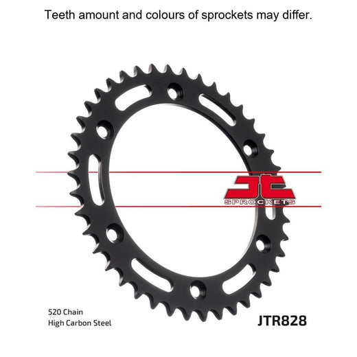 Rear sprocket by JT Sprockets, model JTR828.47, showing silver metal teeth and mounting holes for motorcycle drivetrain.