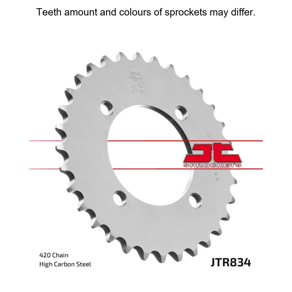 Rear sprocket by JT Sprockets, model JTR834.32, showing the metal sprocket with tooth edges and mounting holes.