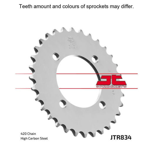 Rear sprocket from JT Sprockets JTR834.36 series, black metal motorcycle sprocket with evenly spaced teeth.