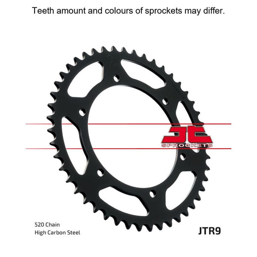Rear sprocket by JT Sprockets, model JTR9.47, for 520 pitch motorcycle chain, with a black metal finish and gear teeth.