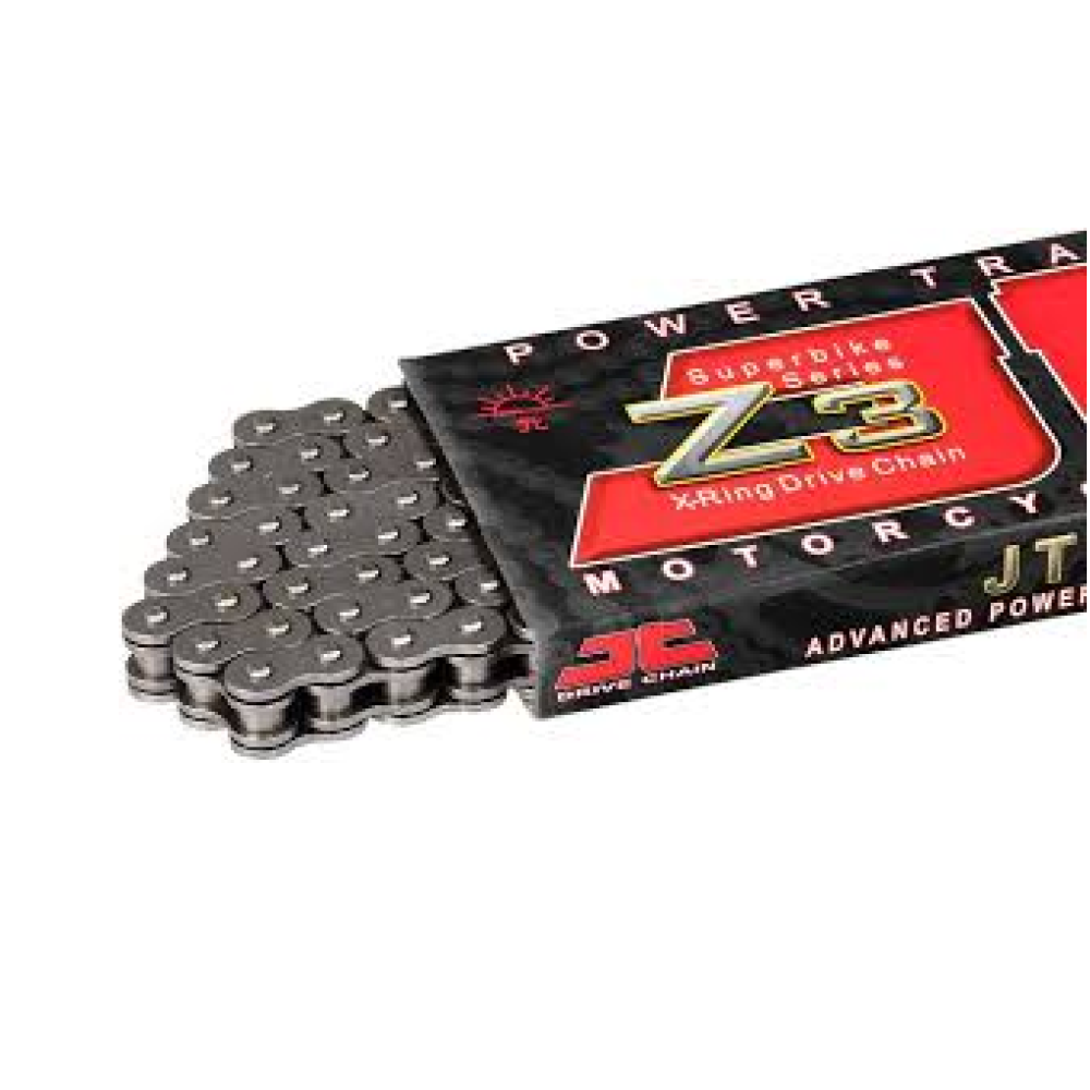 JT Sprockets 530 pitch super heavy-duty X-ring drive chain with rivet connecting link, suitable for up to 1400cc motorcycles.