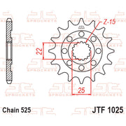 JT Sprockets front sprocket JTF1025.15 with 525 pitch, showing the gear teeth and metal construction for motorcycle or ATV use.