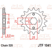 JT Sprockets front sprocket JTF1041.14 for 520 pitch motorcycle chain, showing the metal sprocket with teeth and branding details.