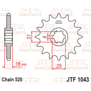 JT Sprockets front sprocket JTF1043.14 for 520 pitch, showing the black metal sprocket with gear teeth.