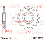 JT Sprockets front sprocket JTF1120.14 for 420 pitch motorcycle drive system with durable metal construction.
