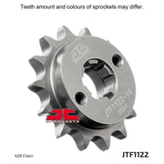 JT Sprockets front sprocket JTF1122.14, motorcycle drive sprocket with metal teeth and mounting holes, designed for durability.