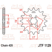 JT Sprockets front sprocket JTF1129.15 for 420 pitch motorcycle or dirt bike, showing the sprocket's teeth and metal construction.