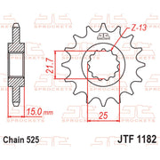 JT Sprockets front sprocket JTF1182.15 for 525 pitch, featuring durable metal construction and gear teeth for motorcycle drive systems.
