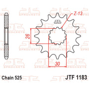 Front sprocket for motorcycle by JT Sprockets, JTF1183.18, 525 pitch, showing the metal sprocket with teeth and branding details.