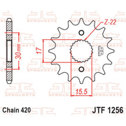 JT Sprockets front sprocket JTF1256.14 for 420 pitch motorcycle chain, shown in close-up with gear teeth and branding details.