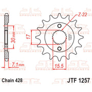 JT Sprockets front sprocket JTF1257.15 with 428 pitch, showing the metal sprocket's teeth and rugged finish.