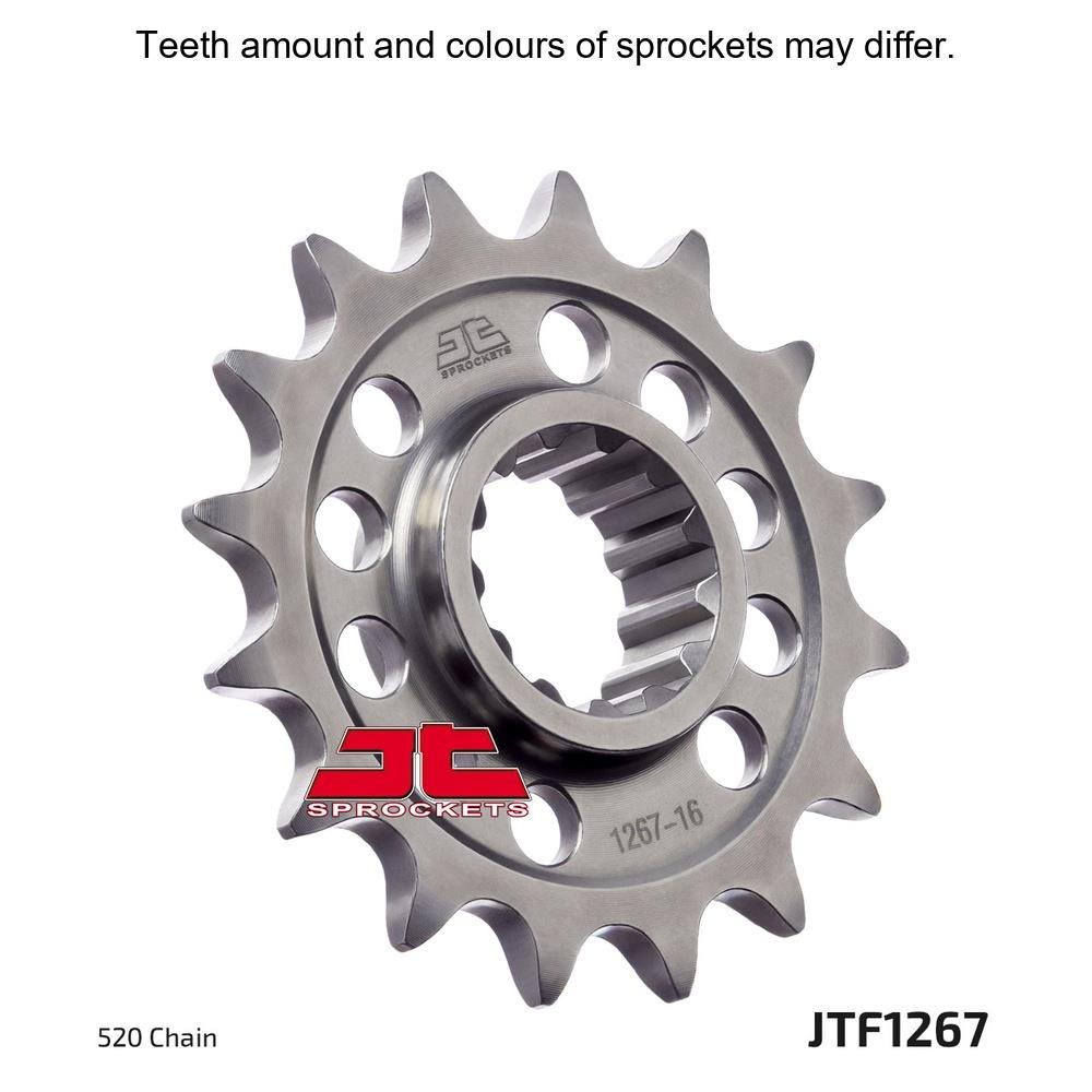 JT Sprockets front sprocket JTF1267.16 for 520 pitch motorcycle chain, showing the metal sprocket with gear teeth.