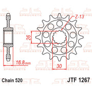 JT Sprockets front sprocket JTF1267.16 for 520 pitch motorcycle chain, showcasing the durable steel gear with teeth design.