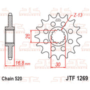 JT Sprockets front sprocket JTF1269.16 for 520 pitch, showing the metal sprocket with gear teeth designed for motorcycle chain drive.