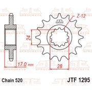 JT Sprockets front sprocket JTF1295.13 for 520 pitch motorcycle chain, showing the metal sprocket with gear teeth.