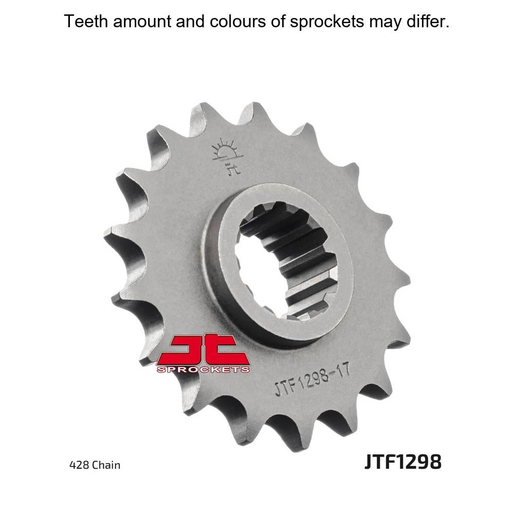 JT Sprockets front sprocket JTF1298.17 with 428 pitch, showcasing the durable metal construction and gear teeth design.