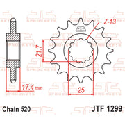 JT Sprockets front sprocket JTF1299.14 for 520 pitch, shown in black with teeth and mounting hole visible.
