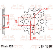 JT Sprockets front sprocket JTF1310.15 for 420 pitch motorcycle drive chain, showing the metal sprocket with teeth and brand markings.